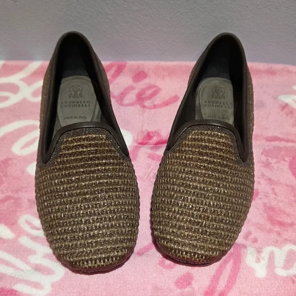Women's Brunello Cucinelli Brown Leather Trimmed Raffia Slippers, Size 37 - Picture 3 of 10
